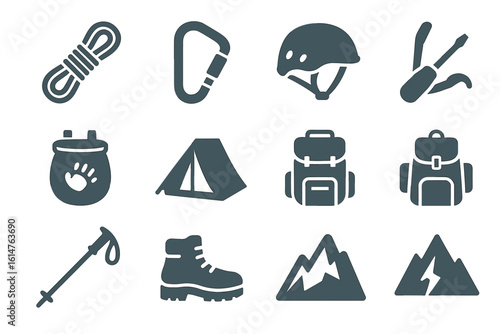 Outdoor adventure icons: camping, hiking gear, and safety equipment