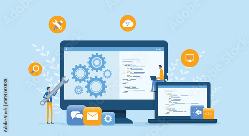 web design and mobile application design process with designer and developer team working collaboration concept
