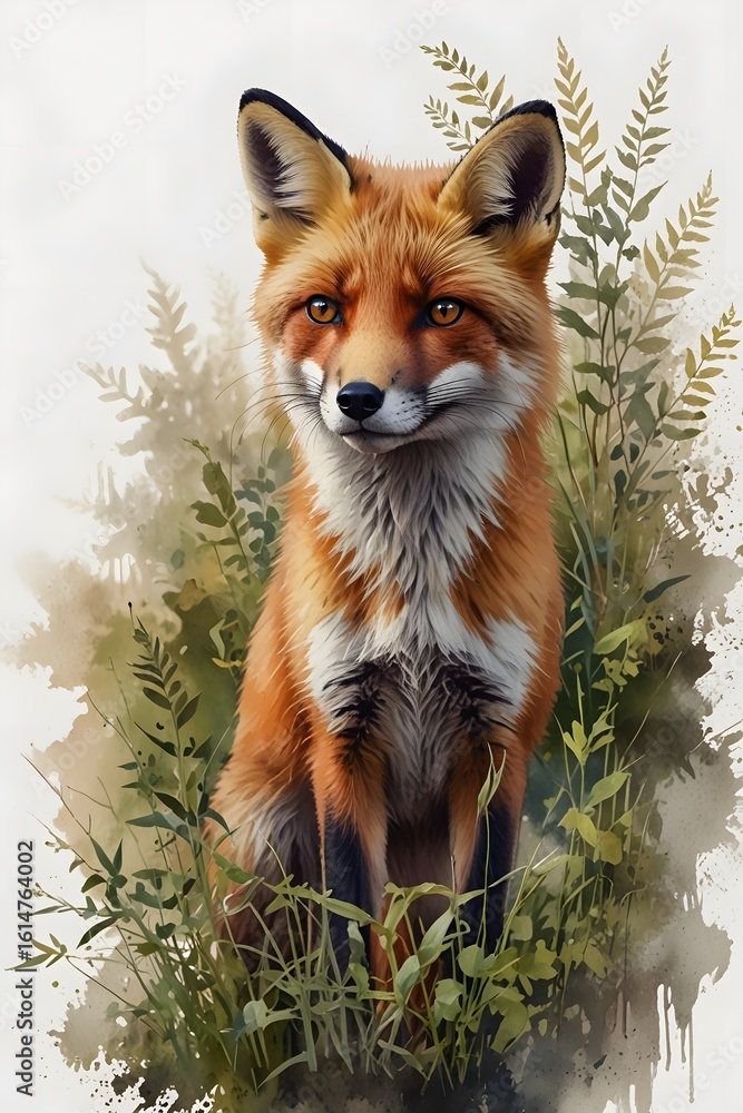 Fototapeta premium A curious-looking red fox is peering out from behind the bushes in watercolor style