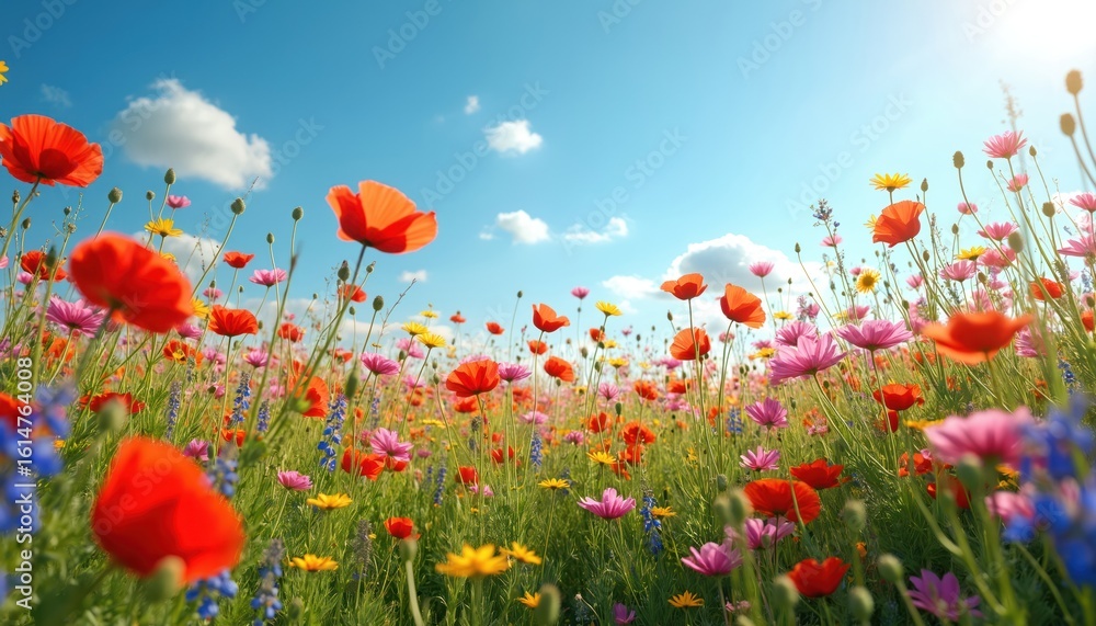 Fototapeta premium Vibrant field of colorful wildflowers in bloom under clear blue sky. Red poppies, pink daisies, yellow cosmos, blue lupines create rich, scenic meadow. Perfect for summer, spring, garden, nature,