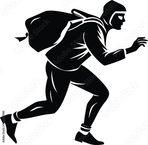 Silhouette of a Running Burglar with Sack Isolated on White Background Graphic