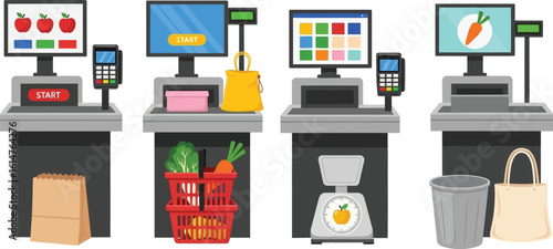 Modern checkout counters with payment terminals and shopping baskets, ready for service