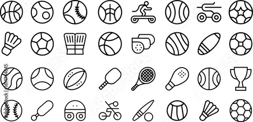 sports line icons set,  balls: basketball, golf, tennis, baseball,  and more vector illustration