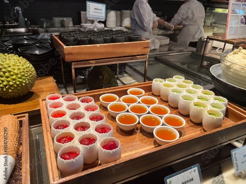 various jelly cup in a restaurant