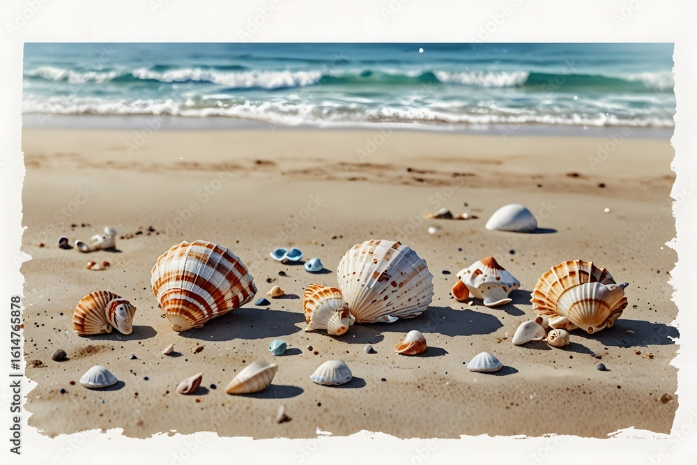 Obraz premium On the shoreline numerous shells are strewn across the sand