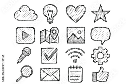 Hand-drawn icon set: social media, communication, technology elements