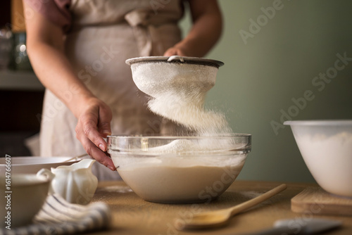 Fényképezés The woman sifts wheat flour, home baking