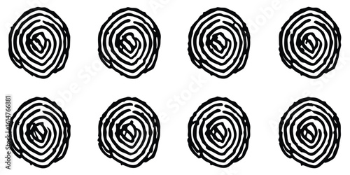 Eight identical black and white fingerprint patterns arranged in two rows on a white background