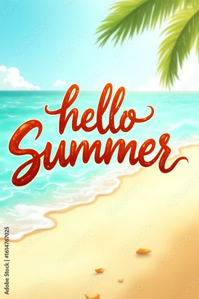 Obraz premium Hello Summer Text Design with Tropical Beach and Ocean View