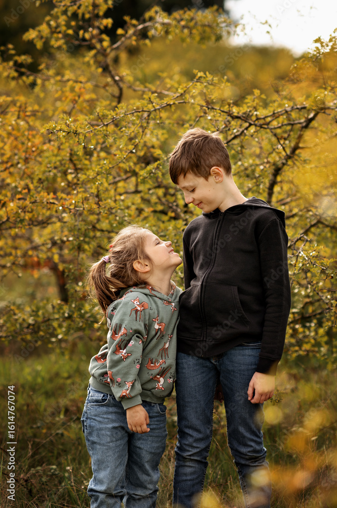Fototapeta premium Sister looking up at older brother.
