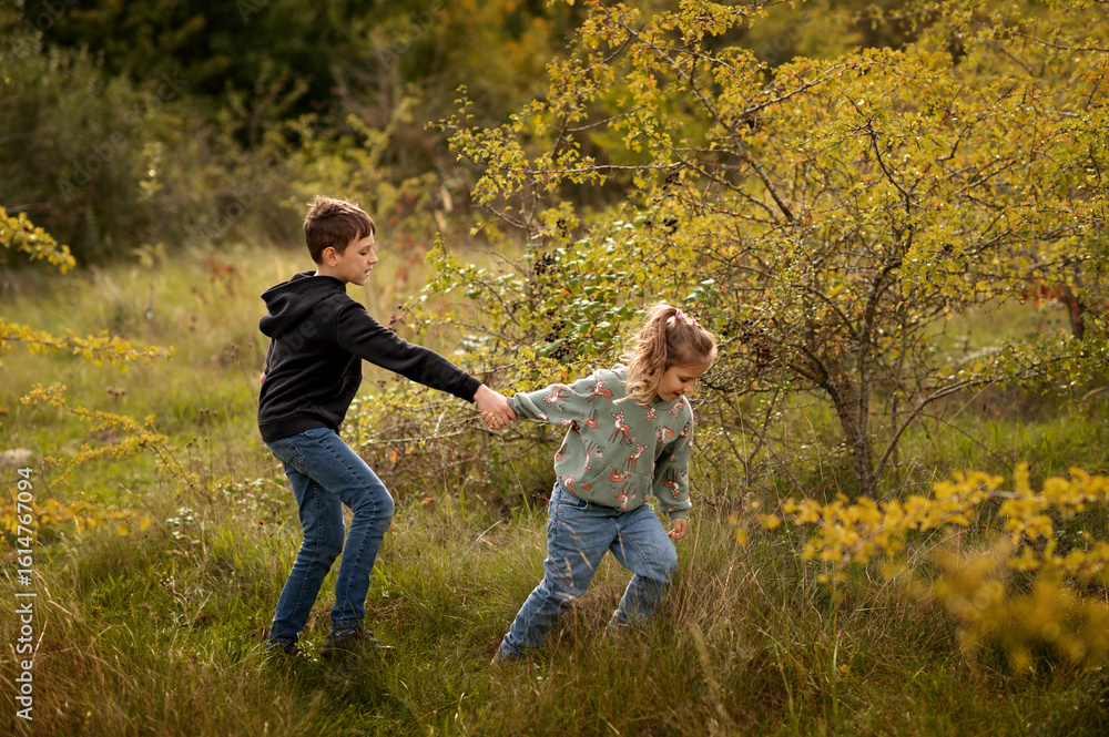 Fototapeta premium Sister pulling brother forward, laughing in autumn woodland.