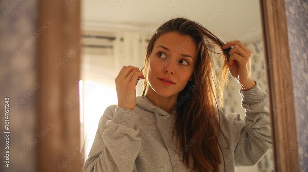 Concerned Woman Checking Hair for Damage and Split Ends in Morning Mirror Routine Concerned Woman Checking Hair for Damage and Split Ends in Morning Mirror Routine