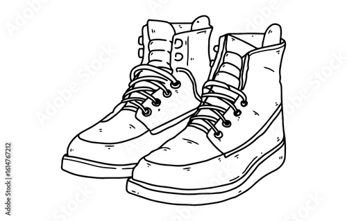 Old pair of leather sport shoes sketch with laces, isolated footwear vector illustration