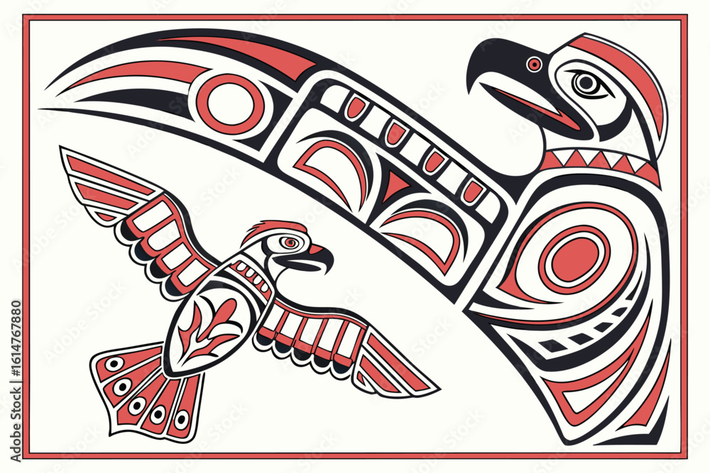 Obraz premium Stylized illustration of two birds in red and black with native american art elements present here