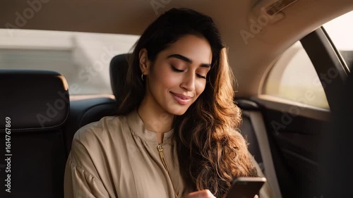 Young Indian Female Texting And Smiling In Backseat generative ai