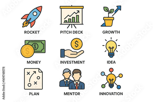 Business concept icons: rocket, pitch deck, growth, money, investment, idea, plan, mentor, innovation