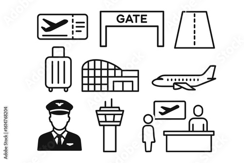 Icon set featuring airport elements including airline ticket, gate, runway, luggage, terminal, airplane, control tower, pilot, personnel