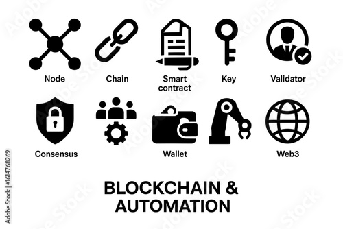 Blockchain and automation: icons of node, chain, smart contract, and more