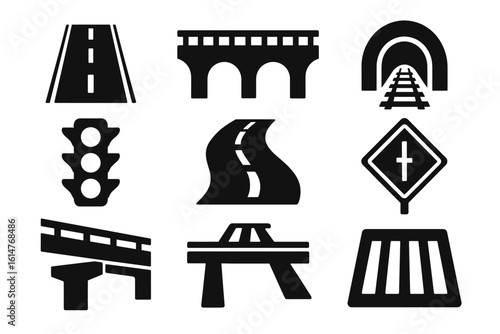 Set of nine black traffic and roadway symbols including signs and structures