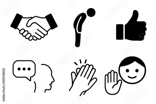 Handshake bow thumbs up icons communication gesture simplified symbols set