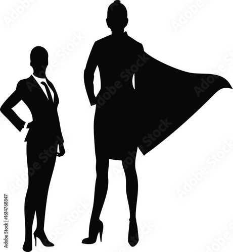 Silhouette of Businesswomen Superwoman in Cape and Confident Professional Woman in Suit