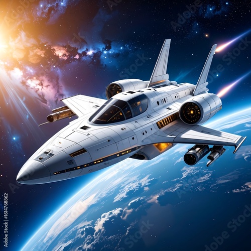 Wallpaper Mural Futuristic spaceship soaring above a planet, propelled by thrusters, against a cosmic backdrop Torontodigital.ca