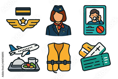 Aviation icons set featuring female pilot, airplane, tickets, life vest, meals