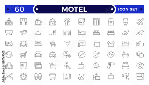 Motel outline icon set. Hotel icon set. Hotel services related line icons: room, rental, reservation, hotel booking, parking, bellboy, breakfast, travel, vacation, holiday and more.