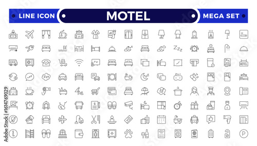 Motel outline icon set. Hotel icon set. Hotel services related line icons: room, rental, reservation, hotel booking, parking, bellboy, breakfast, travel, vacation, holiday and more.