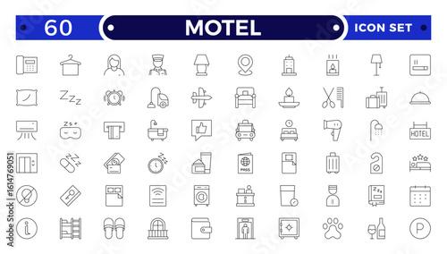 Motel outline icon set. Hotel icon set. Hotel services related line icons: room, rental, reservation, hotel booking, parking, bellboy, breakfast, travel, vacation, holiday and more.