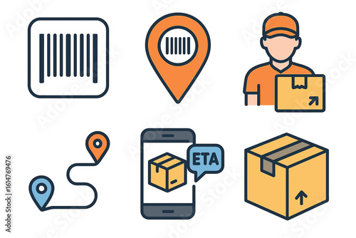 Delivery icons: barcode, location, courier, route, smartphone, package