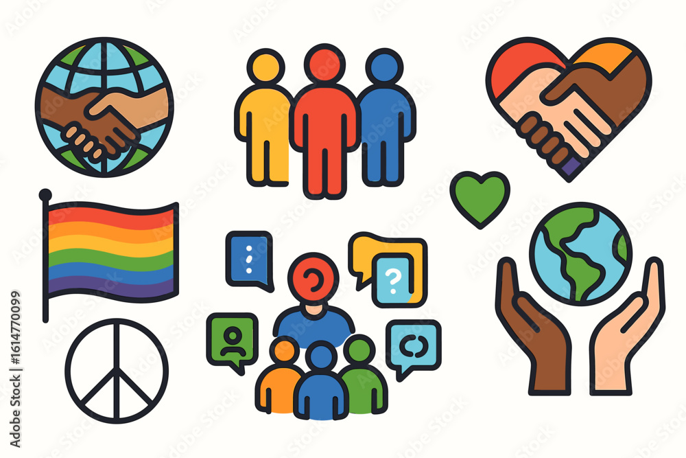 Fototapeta premium Diversity and unity symbols featuring peace, inclusivity, and community icons