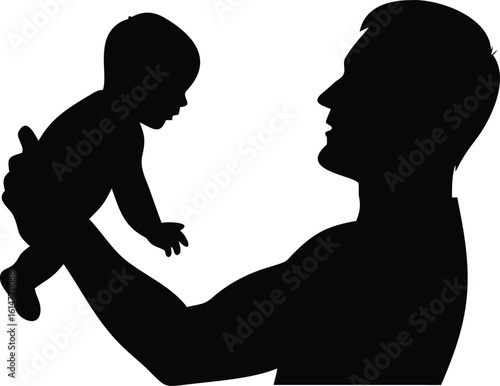 Silhouette of Father Holding Baby in Arms Against White Background, Parental Love and Care