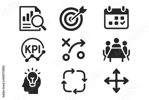 Business icons set: graph, target, calendar, kpi, strategy, meeting, innovation, workflow, direction