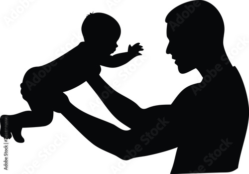 Silhouette of Father Lifting Baby Upward in Air, Showing Bond and Love in Black