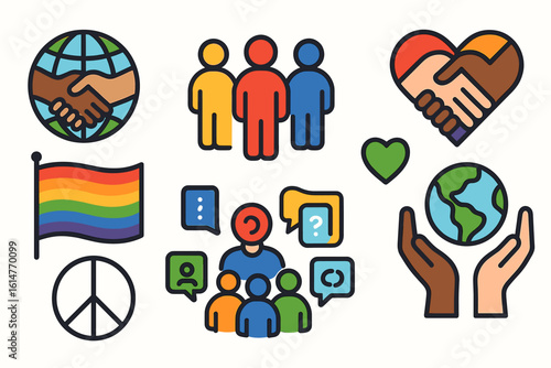 Diversity and unity symbols featuring peace, inclusivity, and community icons