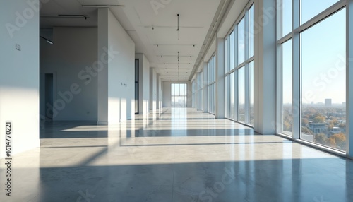 Wallpaper Mural Empty modern office hallway features polished concrete floors, large windows. Bright sunlight casts long shadows across expansive space, revealing cityscape view. Minimalist architecture, pro Torontodigital.ca