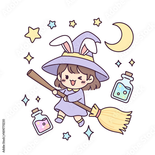 Cute kawaii witch girl with bunny ears flying on a magic broomstick. Halloween chibi character vector illustration.