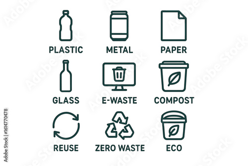 Recycling icons: plastic, metal, paper, glass, e-waste, compost, reuse, zero waste, eco