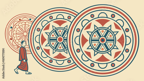 Illustration of a monk walking past three decorative circular designs in shades of red and blue color palette