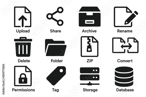 Digital file management symbols for uploading, sharing, archiving, and more