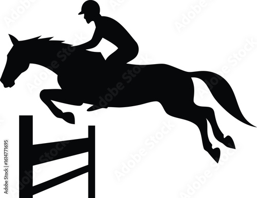Silhouette of Horse and Rider Jumping Over Obstacle, Equestrian Sport Illustration Design