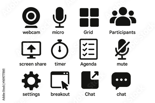 Video conference icons: webcam, microphone, grid, participants, screen share, timer, agenda, mute, settings, breakout, chat