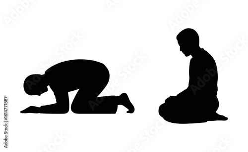 Set of black silhouette muslim man praying