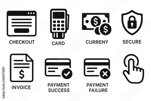 E-commerce icons: checkout, payment, security, invoice, currency, success, failure