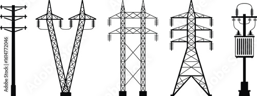 CAD Drawing Flat Vector Illustration, Electrical Transmission Towers and Power Lines, High Voltage Infrastructure Concept, Energy Distribution Network Artwork