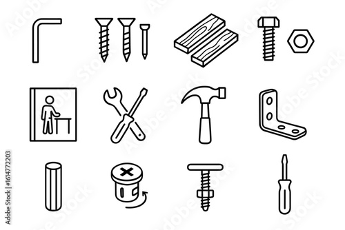 Set of line art tools and fasteners for construction and diy projects