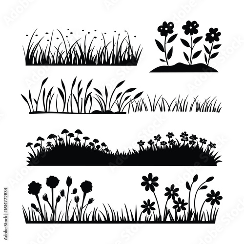 Black silhouette flora and grass vignettes flowers mushrooms