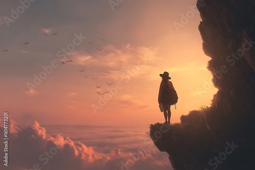 Wallpaper Mural Adventurous woman with backpack gazes at stunning sunset over clouds from a cliff, birds fly by Torontodigital.ca