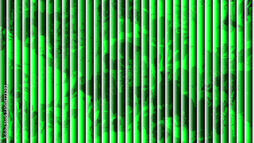Abstract visually striking background with vertical striped bars in varying shades of glowing green.  Smoky, marbled, or cloudy texture depth and an illusion with structured pattern.